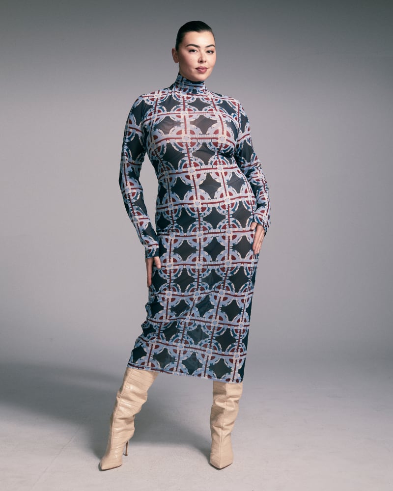 Front of a model wearing a size 1X Printed Mesh Midi Dress in Blue by Hilary MacMillan. | dia_product_style_image_id:272715